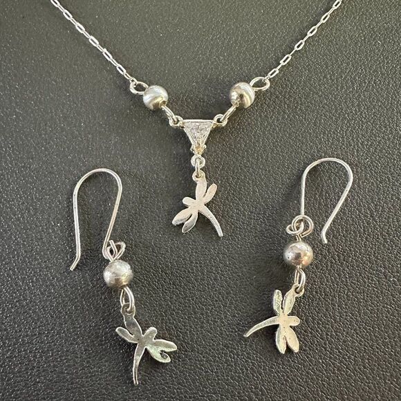 Sterling Silver 925 Mexico Dragonfly Necklace & Earrings Set - Signed - Picture 1 of 9